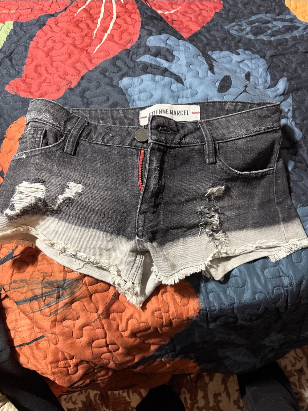 Etienne Marcel Distressed Denim Shorts in grey and black 26